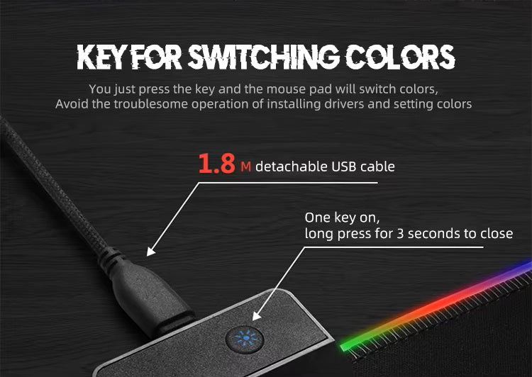 Mousepad pentru Gaming Iluminat RGB 800x300x4mm, Negru, 14 Moduri de Iluminare, rotire sens