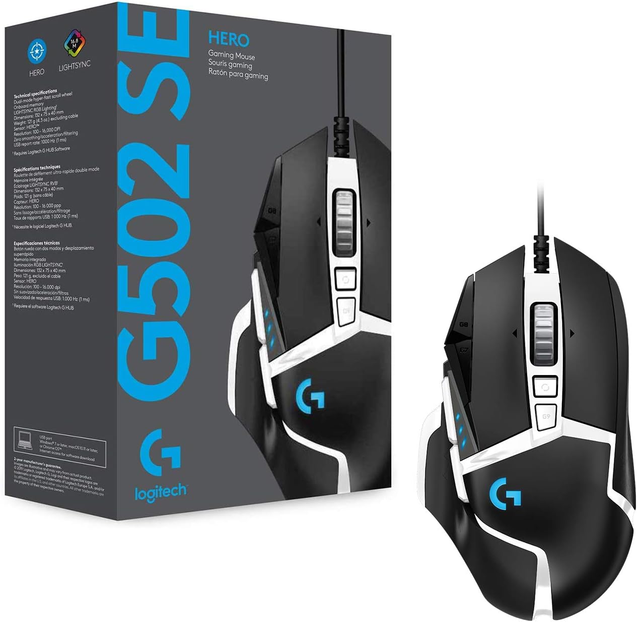 Mouse de gaming Logitech G502 Hero SE RGB 16000 DPI, alb/negru